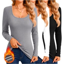 Ficerd 3 Pack Women's Thermal Long Sleeve Shirts Fleece Lined Scoop Neck Stretch Fitted Tops Winter Base Layer Underwear