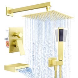 KES Brushed Gold Shower System with Tub Spout, Pressure Balanced Bath Tub Shower Faucet Set Complete with Valve, Shower System with Rain Shower Head with Handheld, XB6305F18-BZ