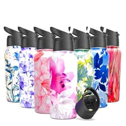 THILY Stainless Steel Water Bottle - 32 oz Vacuum Insulated Sports Flask with 2 Lids and Straws, Leakproof and BPA-Free. Keep Drinks Hot for 12 Hours or Cold for 36 Hours. Elegant Lotus Design.