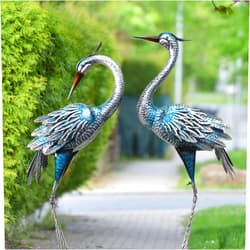 Oritty Crane Decor Statues, Blue Heron Garden Statues Metal Yard Art Outdoor Decoy, Garden Sculptures & Statues for Yard/Lawn/Pond/Outdoor Decoration, Set of 2