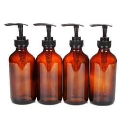Vivaplex, 4, Large, 8 oz, Empty, Amber Glass Bottles with Black Lotion Pumps