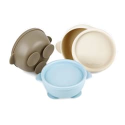 PandaEar 3 Pack Baby Suction Bowls with Lids| Leak-Proof Stay Put Silicone Food Bowl for Babies Kids Toddlers Infants| Food Grade Soft Safe BPA-Free Silicone (Blue Brown Tan)