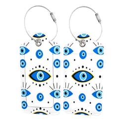 Dorekim Blue Evil Eyes Set of 2 PU Leather Luggage Tag, Travel Suitcase Baggage Bag Tag to Identify Id Labels with Stainless Steel Ring Privacy Cover