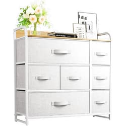 YITAHOME 7 Drawer Dresser, Storage Organizer with Shelves, Fabric Dresser, Chest of Drawers for Living Room, Closets, Sturdy Steel Frame, Wooden Top, Easy Pull Fabric Bins, Light Grey