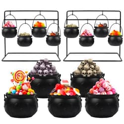 DETENE 12 PCS Halloween Mini Cauldron Plastic Black Cauldron Witch Cauldron with 2 Metal Rack for Halloween Candy Holder Witch Hocus Pocus Party