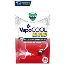 Vicks VapoCool Severe Medicated Sore Throat Drops, Max Strength Menthol, Soothes Sore Throat Pain, Cherry Flavor, 45ct