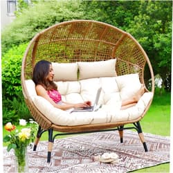 NICESOUL® Double Egg Chair Indoor Outdoor Stationary Oversized Thicken Padded Cushions,2 Person Egg Loveseat Chair,680 lbs Extra Large Lounge Chair for Patio Balcony Porch Backyard Beige