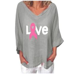 SMIDOW Women 3/4 Sleeve Cotton Linen Breast Cancer Awareness Shirts Ribbon Love Letter Print Tee Shirt Cancer Warrior Tops