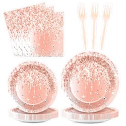ZOIIWA 200PCS Rose Gold Birthday Party Plates and Napkins Pink Rose Gold Birthday Party Decorations Rose Gold Party Tableware Set Serves 50 Guests Girls Ladies Women Baby Shower Wedding Birthday Party Favors