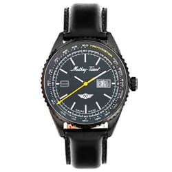 Mathey-Tissot Atlas Collection Men’s Three-Hand Date Watch – 43mm Black Stainless Steel Case, Black Dial with Tachymeter and Date Window, Swiss Heritage Design with Leather Strap