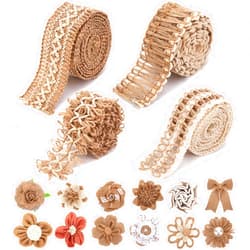 VGOODALL 16 PCS Natural Burlap Flowers Set, Including 12 PCS Handmade Lace Burlap Flowers and Bowknots, 4 Rolls Burlap Ribbon for Christmas Birthday Party Wedding Home Embellishment DIY Crafts