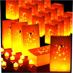 Crtiin 50 Sets Luminaries Bag with Candles Include 50 Flameless LED Tea Lights LED Tealight Candles and 50 Luminary Bags for Christmas Thanksgiving Halloween Wedding Festival Party (Kraft Paper,Star)