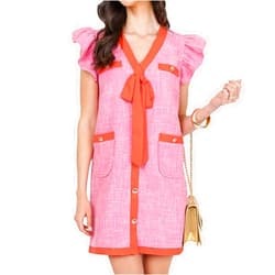 Bonnorth Womens Ruffle Cap Sleeve Mini Tweed Dress V Neck Button Down Bow Tie Business Work Shift Dresses with Pockets