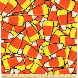 Lunarable Candy Corn Fabric by The Yard, Continuous Illustration of Cartoon Style Traditional Halloween Items, Decorative Fabric for Upholstery and Home Accents, 3 Yards, Vermilion Mustard