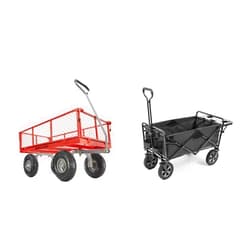 Gorilla Carts GOR800-COM Steel Utility Cart with Removable Sides, 800-lbs. Capacity, Red & Mac Sports Collapsible Outdoor Utility Wagon with Folding Table and Drink Holders, Gray