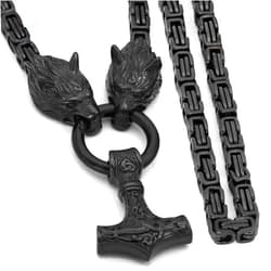 WDBAYXH Thor's Hammer Black Pendant Double Fenrir Wolf Head Heavy Black King Chain Necklace,Handmade Norse Viking Stainless Steel Mjolnir Amulet Scandinavian Celtic Jewelry