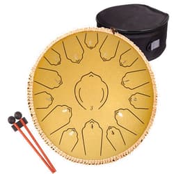 LOMUTY Steel Tongue Drum 15 Notes 13 inch C-Key Steel Drums for Adults Hand pan Drum with Bag, Music Book, Mallets, Finger Picks, Tongue Drum Metal Drum Instrument for Meditation Yoga (Gold)