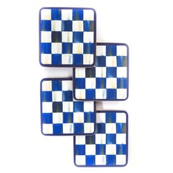MacKenzie-Childs Square Cork-Back Coaster Set, Table Coasters for Drinks, Set of 4, Blue-and-White Royal Check