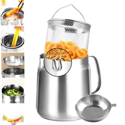 Bakpoco 68oz Stainless Steel Oil Filter Clad Pot, Bacon Grease Container with Strainer & Deep Fryer Basket with Hook, 2 in 1 Oil Strainer Frying pot for Single Serve, Easy Draining Pasta Vegetable