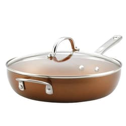 Ayesha Curry Home Collection Porcelain Enamel Nonstick Covered Deep Skillet With Helper Handle, 12 Inch Frying Pan, Glass Lid, Brown Sugar