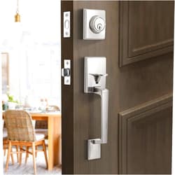 Natsukage Front Door Handle Front Door Lock Set Satin Nickel Entrance Handle Set with Lock Heavy-Duty Entry Door Lock Set with Deadbolt and Lever Handle Reversible for Right & Left Handed Modern