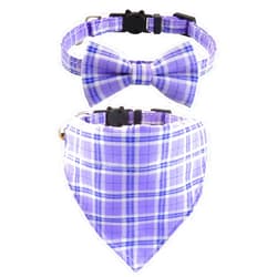 Alainzeo Upgraded Breakaway Cat Collar with Bow Tie and Bell, Cat Collars with Bandana, 2 Pack Adjustable Cute Plaid Cotton Kitten Collar for Male and Female Cats and Small Dogs, Purple