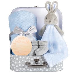 Hoolaroo Baby Boy Gift Set New Born Baby Gifts Baby Blue Bunny Security Blanket Soft Fleece, Suitcase Keepsake Box Blanket Booties & Baby Gift Basket – Unique Present for Baby Shower & Newborn Lovey Welcome