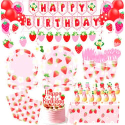 ZOYVUX Strawberry Birthday Decorations, Berry Party Decorations Including Banner, Tablecloth, Backdrop, Cake Topper, Balloons, Hanging Swirls, Plates, Cups For Strawberry Themed Party