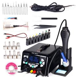 YIHUA 853D 5A-II Professional Soldering, Rework, and Power Supply Station Bundle with #2300 Hot Air Nozzles with Iron Holder, Cleaning Kit, and Accessories (38 Items)
