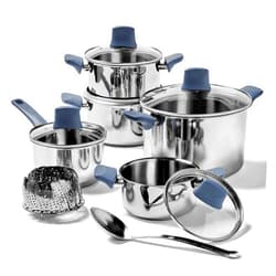 T-fal Essentials Stainless Steel Cookware Set 12 Piece, Induction Compatible, Oven Safe 350F, Cooking Set w/Stewpots, Stockpot, Saucepan, Lids & Tools, Measuring Marks, Dishwasher Safe, Silver/Blue