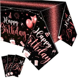Tudomro 3 Pcs Happy Birthday Tablecloths Happy Birthday Decorations Plastic Table Cover Rectangular Cloths for Women Men Baby Shower Birthday Party Supplies, 108 x 54 Inch (Black Rose Gold)
