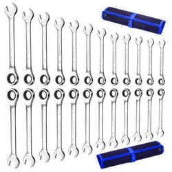 Qnkaa 24pcs Ratcheting Wrench Set with Rollup Pouches Metric (8mm to 19mm) & SAE (1/4