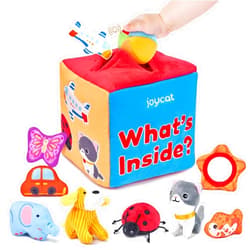 JoyCat Baby Toys 6-12 Months - Mystery Soft Box with 10 Sensory Objects, Rattle, Crinkle Paper, Mirror - What's Inside Box Infant Gifts, Soft Busy Toys 1-2 - Baby Easter Basket Stuffers Gifts