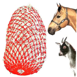 Majestic Ally 1.25”x1.25” Holes Ultra Slow Feed 40” Very Sturdy Hay Net with Bottom Ring for Goat, Sheep, Simulate Grazing and Reduces Waste (Red)
