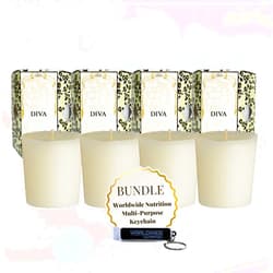Worldwide Nutrition Bundle: Tyler Candle Company Diva Votive Candles - Luxury Scented Candle with Essential Oils - 4 Counts of 2 oz Small Candles and Multi-Purpose Key Chain
