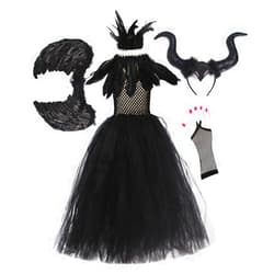 IBTOM CASTLE Halloween Costume for Girls Kids Black Tulle Witch Gown Horns Headband Wings Costume Set Carnival Fancy Dress Up