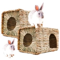 WUWEOT 2 Pack Large Grass Bunny House, Foldable Woven Animal Hut, Play Hideaway Bed Hay Mat Chew Toy for Rabbit, Guinea Pigs, Gerbils, Hamster and Small Animals, 11