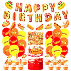 Miraitowa Hot Dog Birthday Party Decorations, Hot Dog Party Supplies Includes Happy Birthday Banner, Balloons, Cupcake Toppers, Cake Topper, Stickers for Fast Food Party