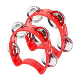 Cheerock Pack of 2 Plastic Percussion Handheld Tambourines with 4 Jingle Bells, Red Mini Hand Bell Percussion, Musical Rhythm Instruments for Kids, Adults, School and Party