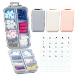 LANDNEOO 3 Pack, 14 GRIDS Travel Pill Organizer Box with Labels - Travel Medicine Case Kit - Pocket Daily Pharmacy Container - Travel Medication Holder Dispenser for Fish Oil Vitamin Supplement Storage