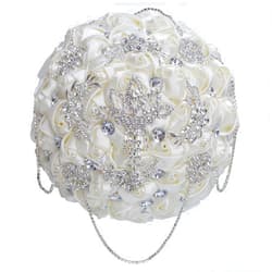 Gkvszy Ivory Wedding Bridal Bouquet with Bling Brooch Rhinestone String Cascade Bouquet for Bride Bridesmaid Quinceanera Satin Rose Flower Bouquet Wedding Ivory 8.3in