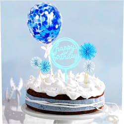 Cadpkler Blue Cake Topper -with Happy Birthday Banner Confetti Balloon Paper Fans-Birthday Decoration Party Supplies for Girls Boys Kids and Adults