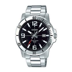 Casio MTP-VD01D-1BV Men's Enticer Stainless Steel Black Dial Casual Analog Sporty Watch, Silver, 48×42×10.7mm, Quartz Movement