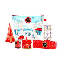Maxim's De Paris - Bonjour Gift Pouch, Assortment of French Delicacies in a Paris Style Pouch: Chocolate, Nougat, Jam, Eiffel Tower Tin Box, Pencil Tin Box, Mini House Tin Box