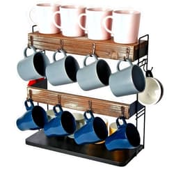 J JACKCUBE DESIGN Rustic Wooden Coffee Mug Holder – Multi-Tier Coffee Cup Holder and Mug Rack with Storage Space – Perfect for Kitchen and Countertop Organization - MK651A
