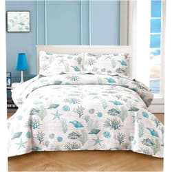 CHESITY 3-Piece Ocean Quilts Set Twin Size Beach Bedspread Lightweight Coastal Bedding Reversible Bedding Cover Nautical Coverlet Set Seaweed Coral Beach Conch Sheet(68