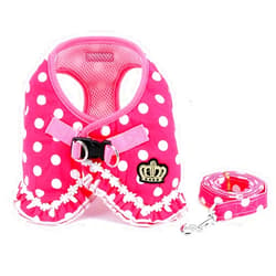 SMALLLEE_LUCKY_STORE No Pull Polka Dot Small Dog Puppy Cat Harness with Crown, Soft Mesh Padded Vest Harness and Leash Set for Girls,Pink M