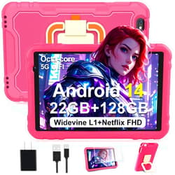 JUEDUR 2025 Android 14 Tablet, 10 inch Tablets 22GB+128GB +1TB Expand, 8000mAh Octa-Core Tablet w/ Drop-proof Case, HD IPS Display, GPS, 5G WIFI, Split Screen,Widevine L1, for Adults and Kids -Metal Rose Red
