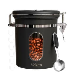 Veken Coffee Canister with Window, Airtight Stainless Steel Kitchen Food Storage Container with Lids, Date Tracker and Scoop for Grounds Coffee, Beans, Tea, Flour, Cereal, Sugar Jars, 16OZ, Black