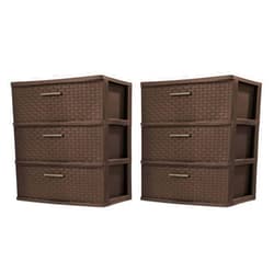 Sterilite 3 Drawer Wide Weave Storage Tower, Plastic Drawers to Organize Clothes in Bedroom, Closet, 2-Pack, Brown
